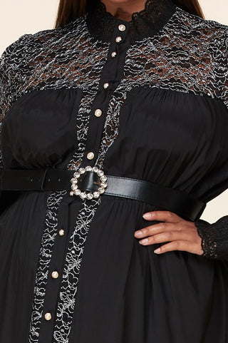 Lace Detail Long Sleeve Dress - Black - Bonny Flair - Black Dress
