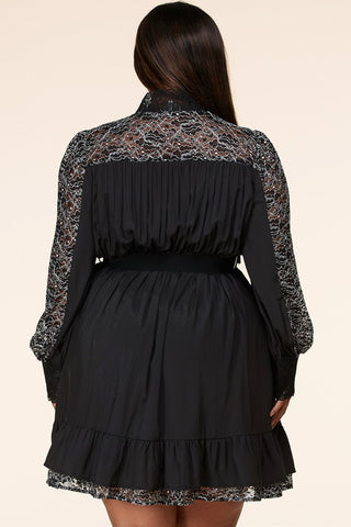 Lace Detail Long Sleeve Dress - Black - Bonny Flair - Black Dress
