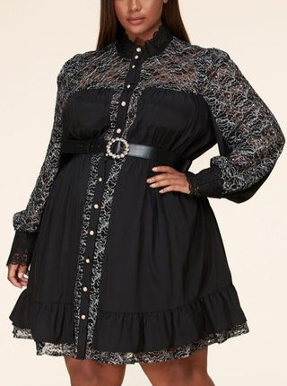 Lace Detail Long Sleeve Dress - Black - Bonny Flair - Black Dress