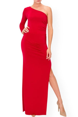 Be Mine Forever One Sleeve Dress - Red - Bonny Flair - Maxi