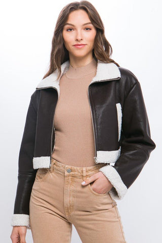 Cropped Shearling Faux Leather Jacket - Bonny Flair - Brown Leather Jacket