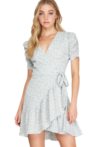 You're the One Floral Mini Wrap Dress - Blue - Bonny Flair - Blue