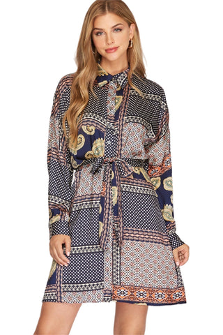 Long Sleeve Tie-Waist Mini Dress - Bonny Flair - Button Down