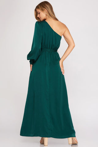 One Sleeve Satin Maxi Dress - Green - Bonny Flair - Green Dress