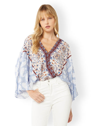 Paisley Printed Blouse Bodysuit - Bonny Flair - blue
