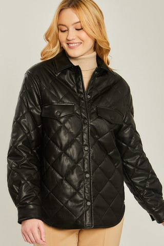 Quilted Faux Leather Shacket - Black - Bonny Flair - Black