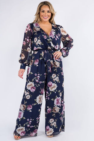 Tie-Waist Floral Jumpsuit - Navy - Bonny Flair - Brunch