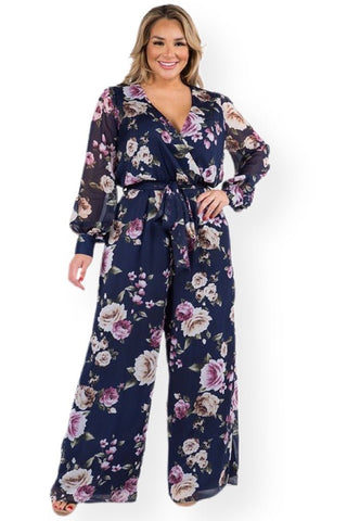 Tie-Waist Floral Jumpsuit - Navy - Bonny Flair - Brunch