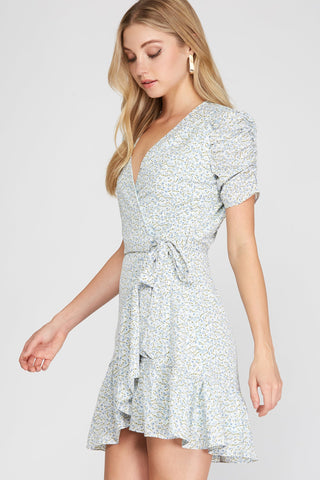You're the One Floral Mini Wrap Dress - Blue - Bonny Flair - Blue