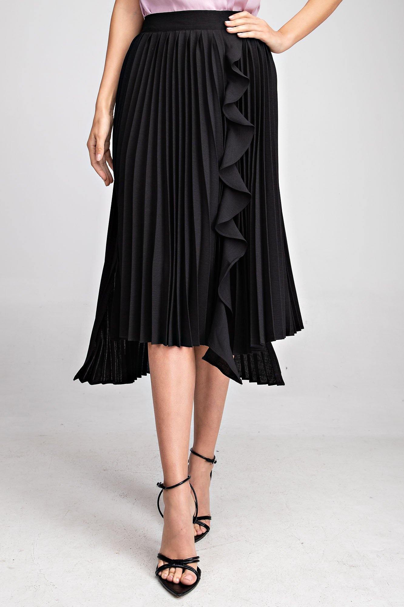 Black tiered pleated outlet midi skirt