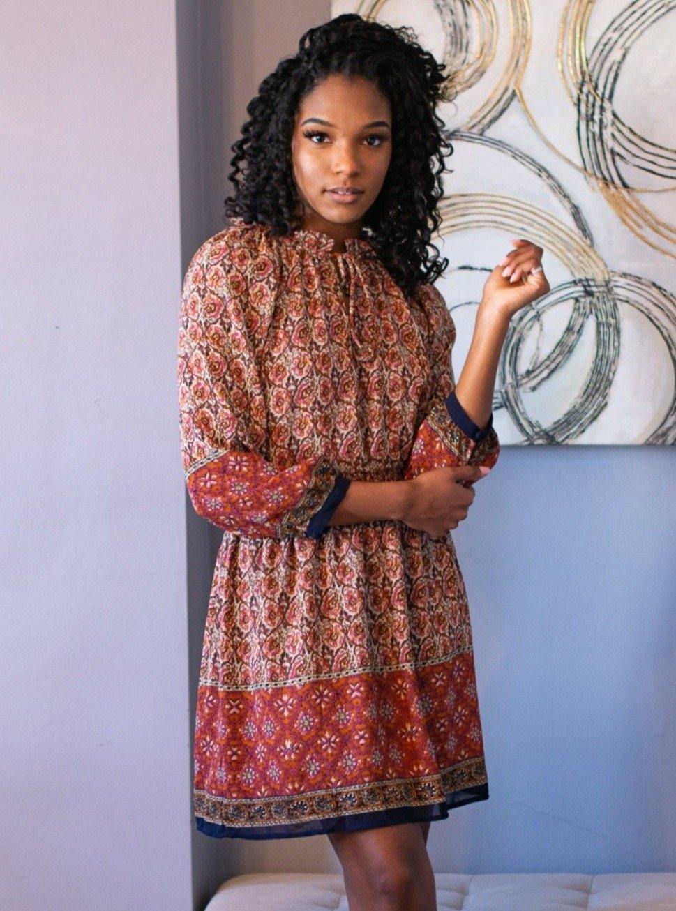 Boho Print Long Sleeve Mini Dres Printed Dress Bonny Flair