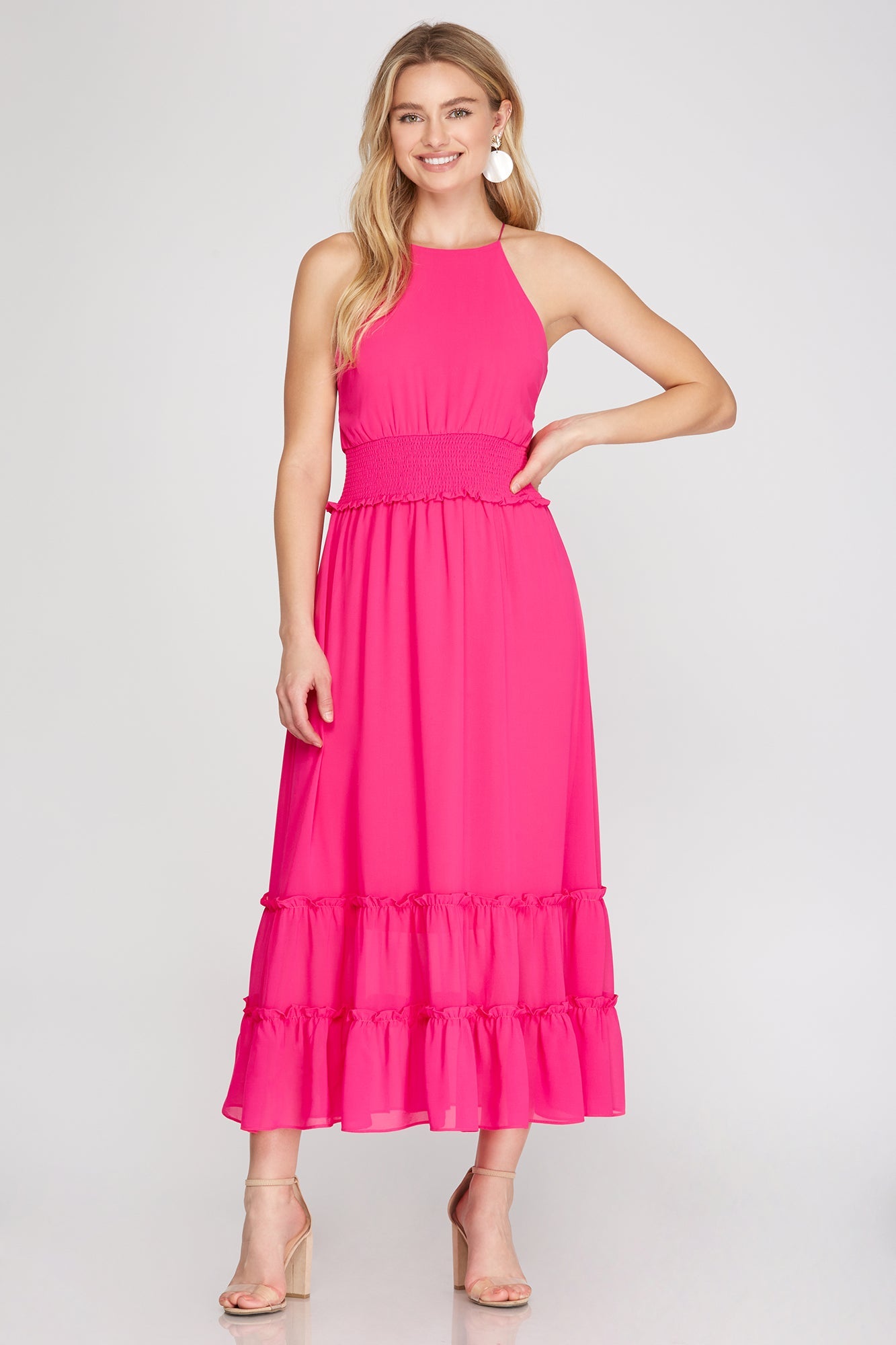 She and Sky Allison Tiered Midi Dress Pink Cocktail Dress Medium