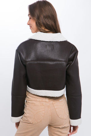 Cropped Shearling Faux Leather Jacket - Bonny Flair - Brown Leather Jacket