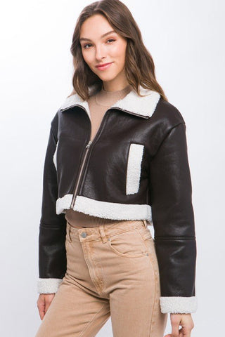 Cropped Shearling Faux Leather Jacket - Bonny Flair - Brown Leather Jacket