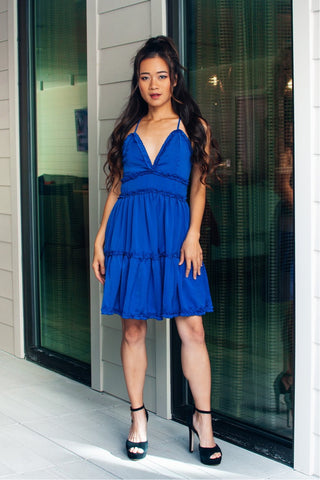 Satin Mini Dress with Ruffles - Royal Blue - Bonny Flair - Blue Dress