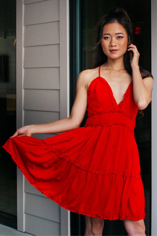 Satin Mini Dress with Ruffles - Red - Bonny Flair - Mini Dress