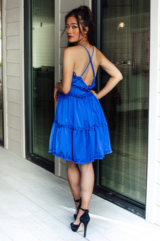 Satin Mini Dress with Ruffles - Royal Blue - Bonny Flair - Blue Dress