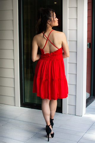 Satin Mini Dress with Ruffles - Red - Bonny Flair - Mini Dress