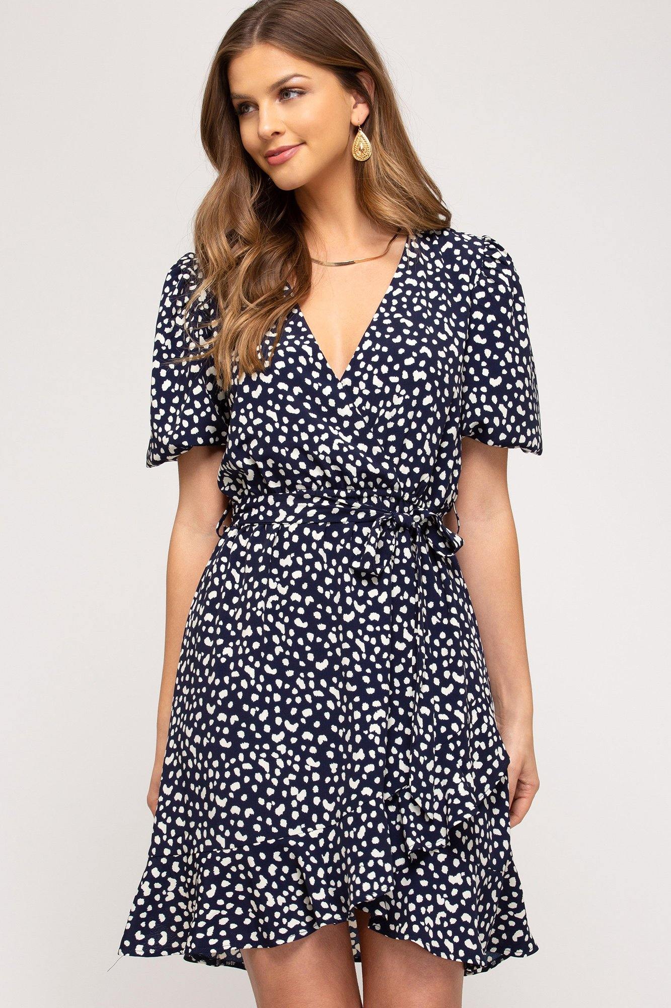 Blue wrap dress short online