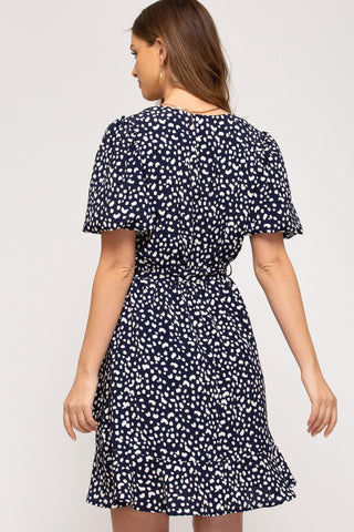 Printed Short Sleeve Wrap Dress - Navy Blue - Bonny Flair - dress