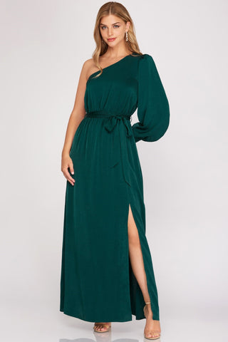 One Sleeve Satin Maxi Dress - Green - Bonny Flair - Green Dress