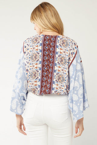  Paisley Blue Print Pattern Casual Bodysuit Tops for