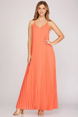 Pleated Maxi Dress - Peach Coral - Bonny Flair - Best Seller