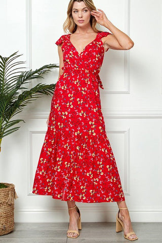 Red Floral Midi Dress - Bonny Flair - red