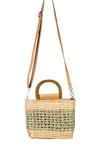 Straw Tote Bag with Top Handle - Sage Green - Bonny Flair - Accessories