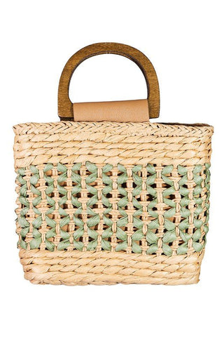 Straw Tote Bag with Top Handle - Sage Green - Bonny Flair - Accessories