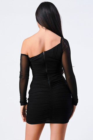 Think About It Long Sleeve Ruched Dress - Black - Bonny Flair - Black Dress